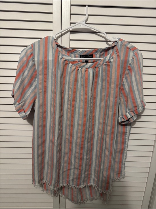 Allison Andrews Tops - Striped Short Sleeve Blouse in Coral and Light Blue